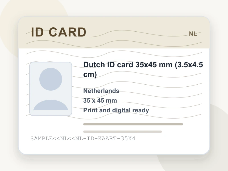 Dutch ID card 35x45 mm (3.5x4.5 cm) document illustration