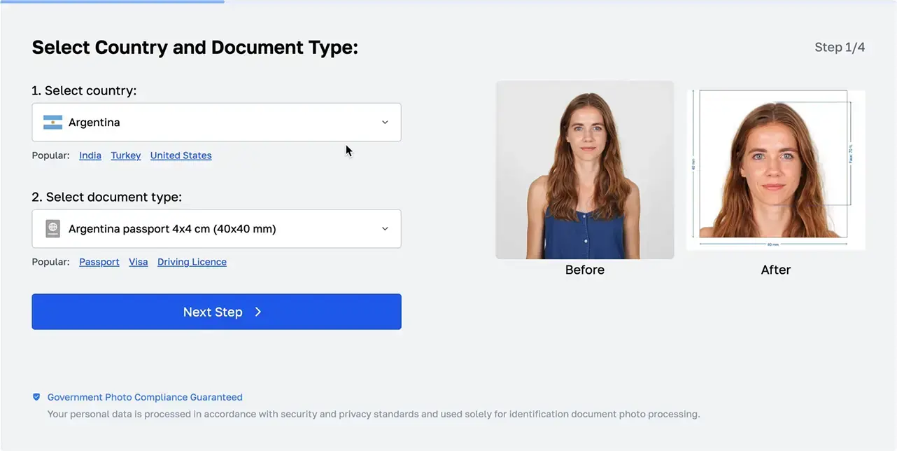 Upload selfie and match the passport photo requirements