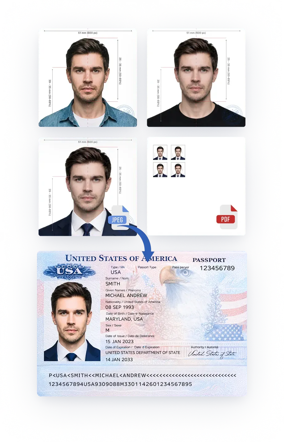 Download application-ready passport photo files